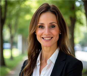 woman with long brown hair with a blazer and collared shirt