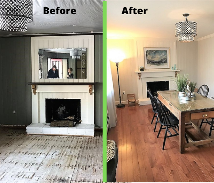 before and after photos of a dining room