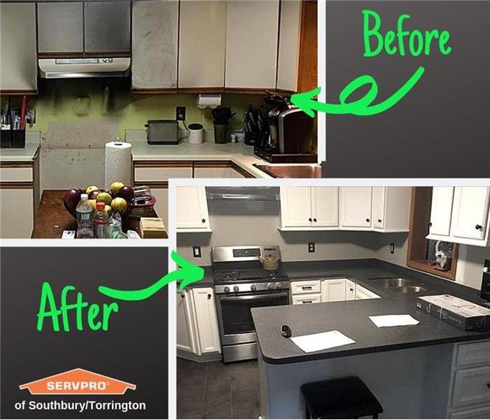 Before and affter photos of a kitchen that had fire damage
