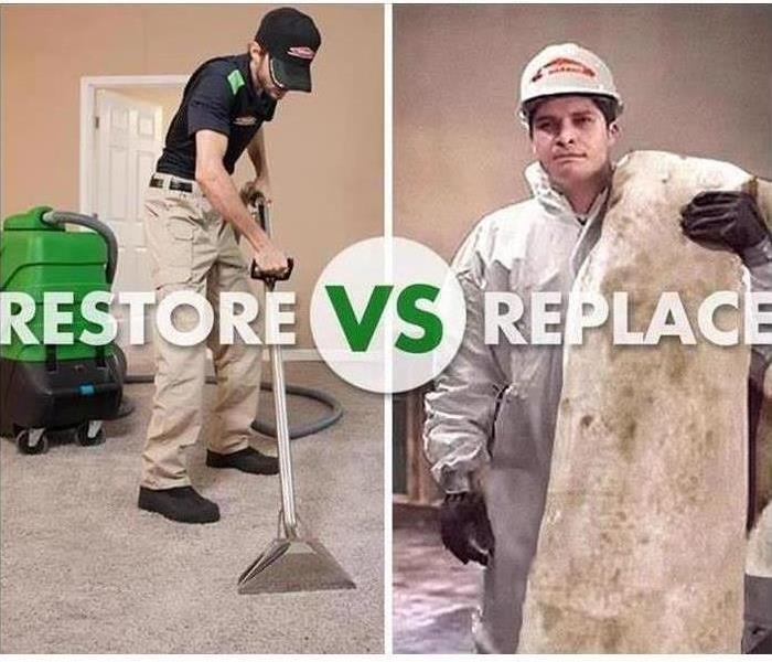 two photos- featuring a carpet being restored and replaced