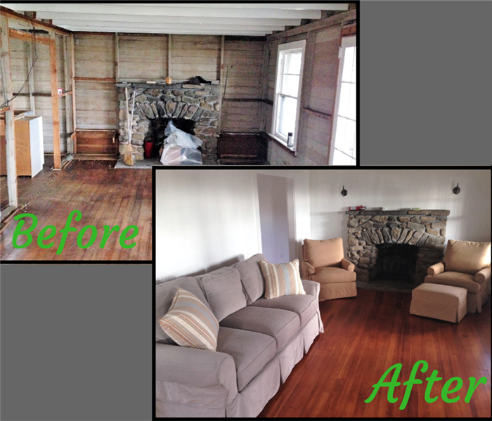 before and after photos of a living room