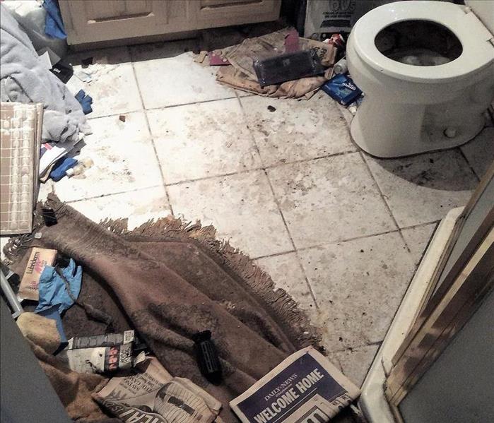 Bathroom floor covered with excrement and a newspaper that says welcome home on the floor